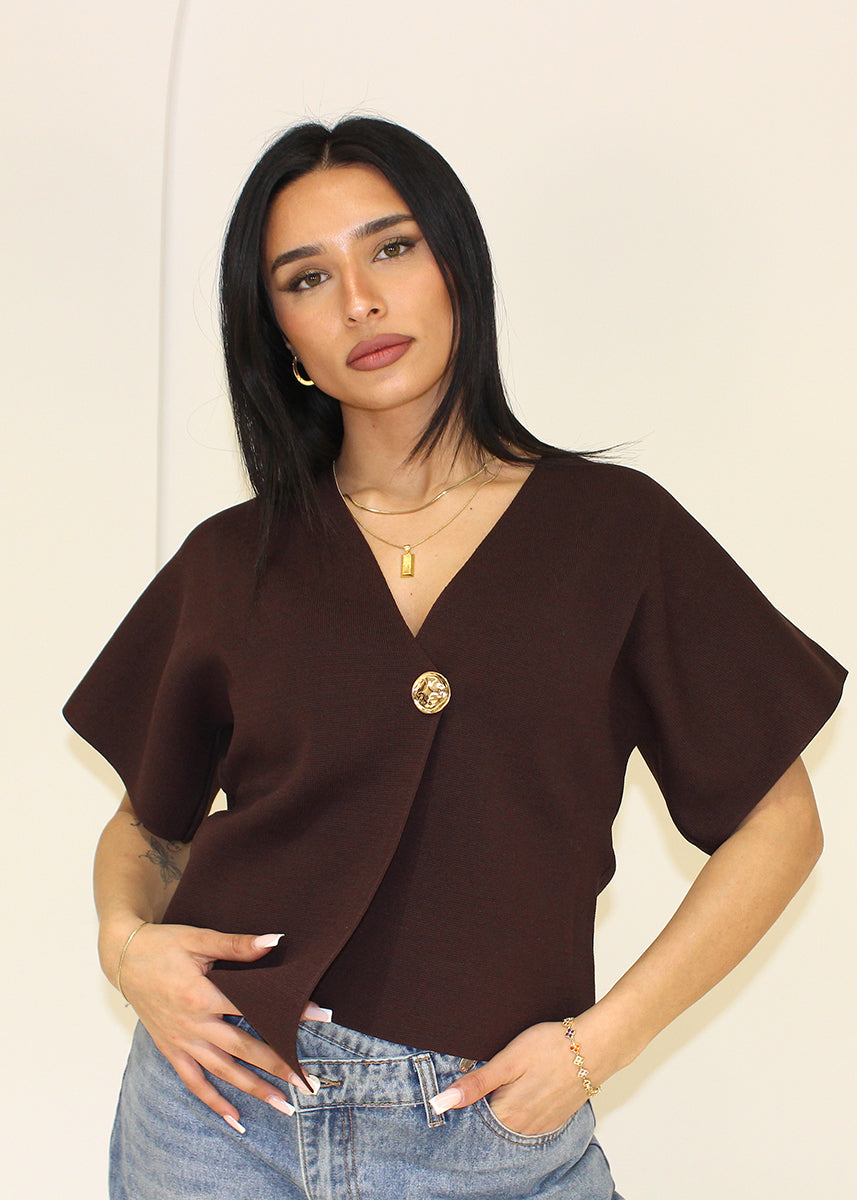 Stricktop mit V-Ausschnitt und Zierknopf