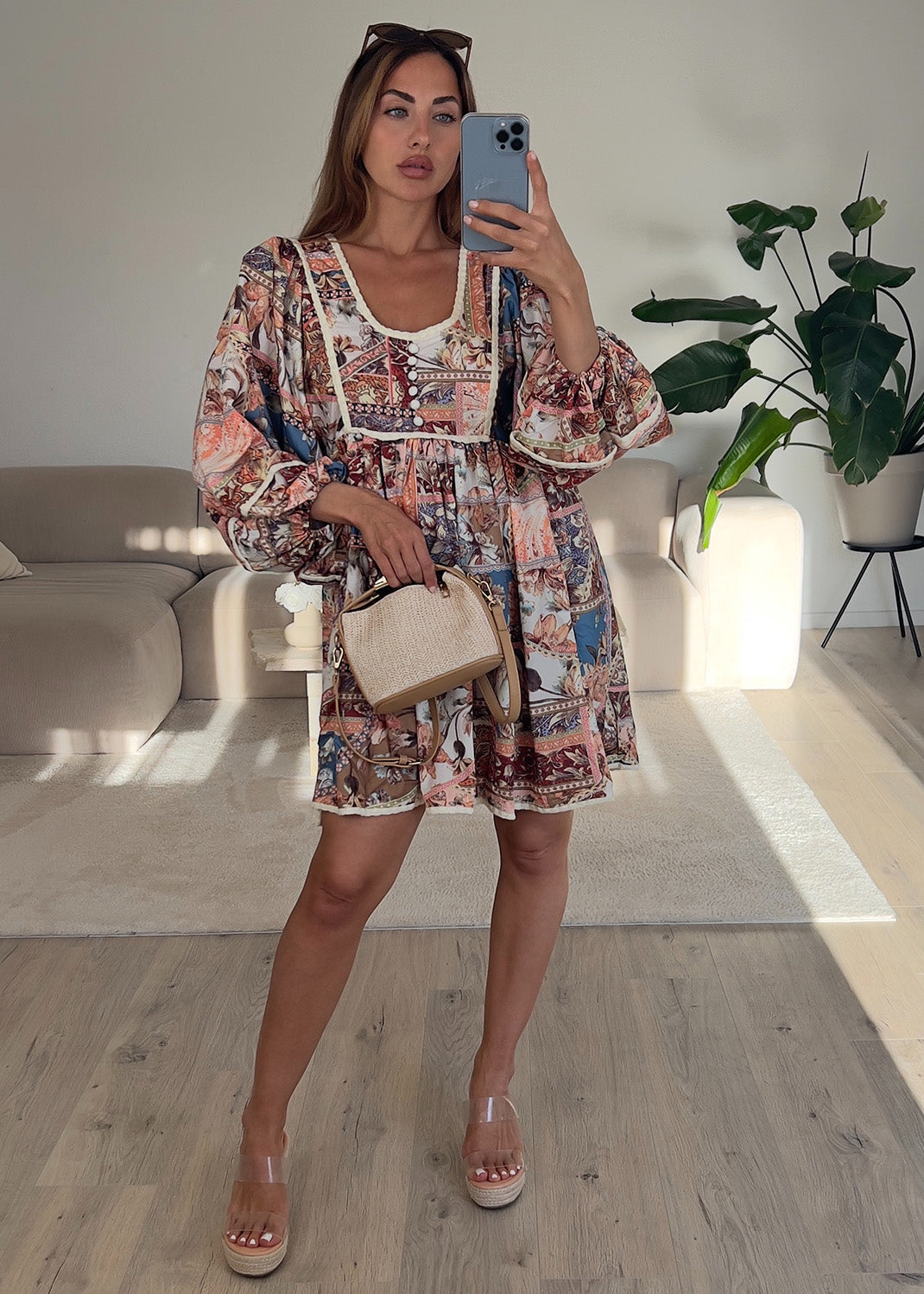 Boho Minikleid mit Vintage-Print