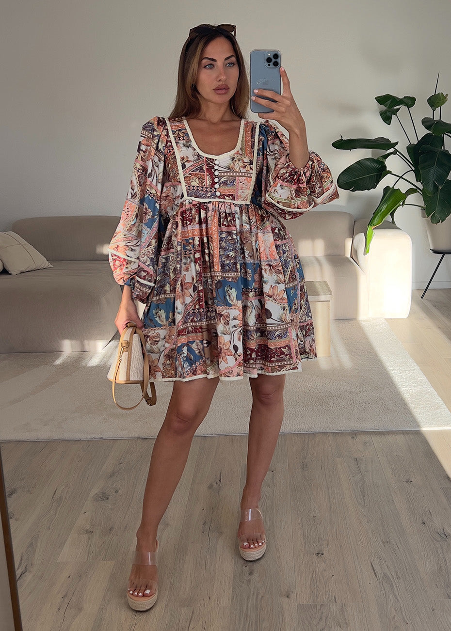 Boho Minikleid mit Vintage-Print