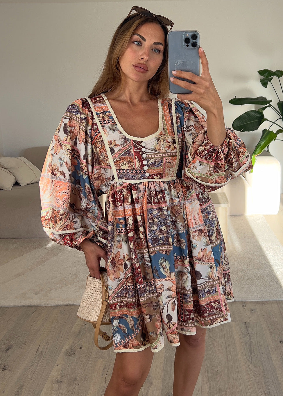 Boho Minikleid mit Vintage-Print