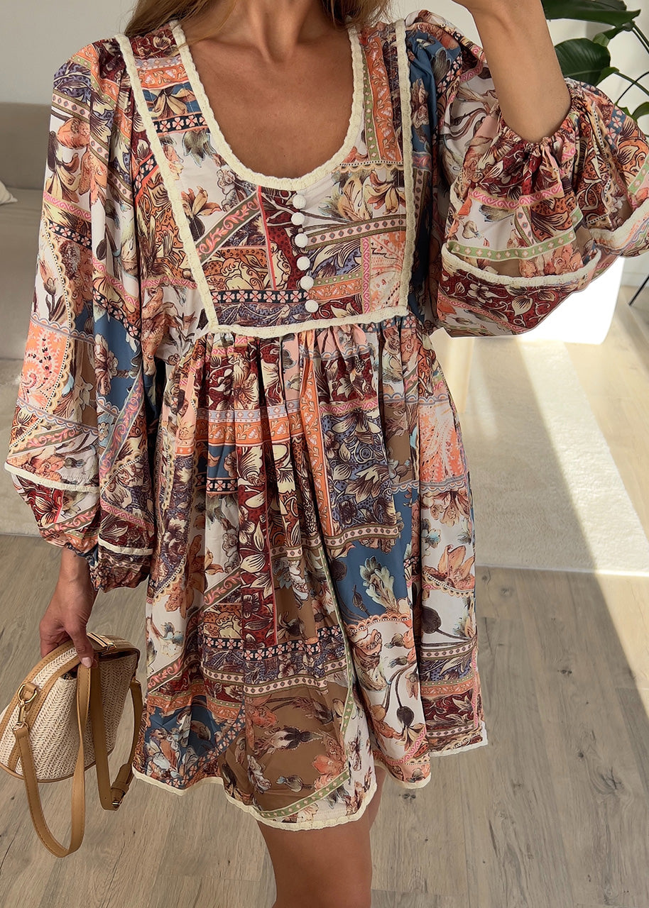 Boho Minikleid mit Vintage-Print
