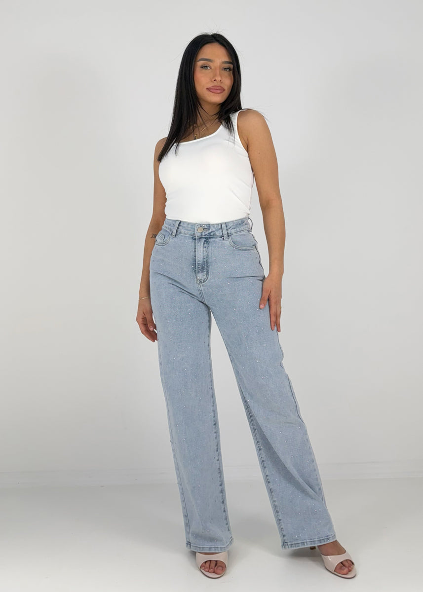 Jeans mit rosa Strassdetails und geradem Bein