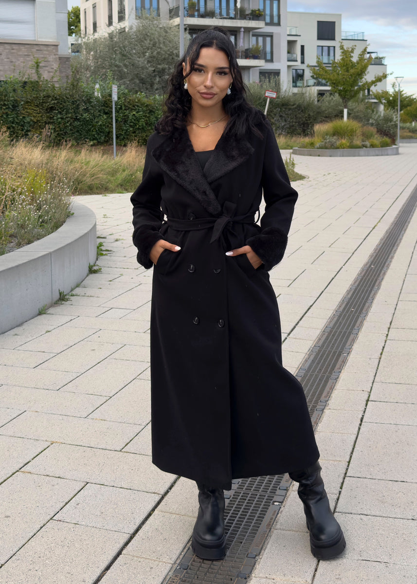 Langer Schwarzer Mantel Mantel Damenmantel Langer Damenmantel Mit