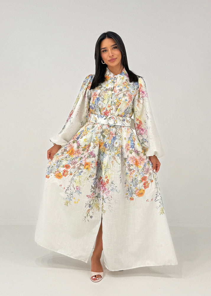 Langärmliges Maxikleid mit floralem Muster und Taillengürtel