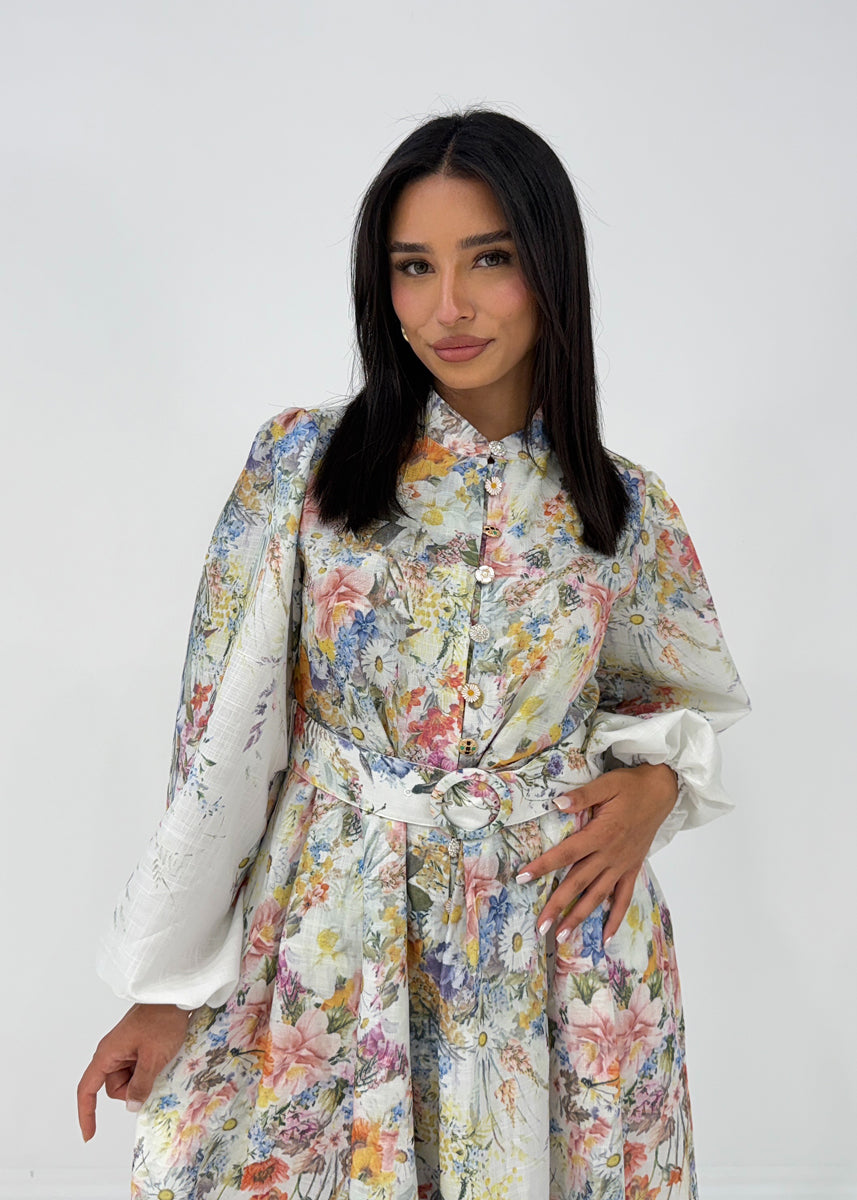 Langärmliges Maxikleid mit floralem Muster und Taillengürtel