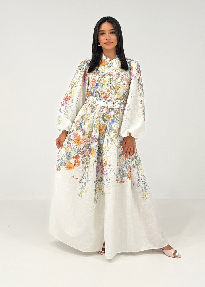 Langärmliges Maxikleid mit floralem Muster und Taillengürtel