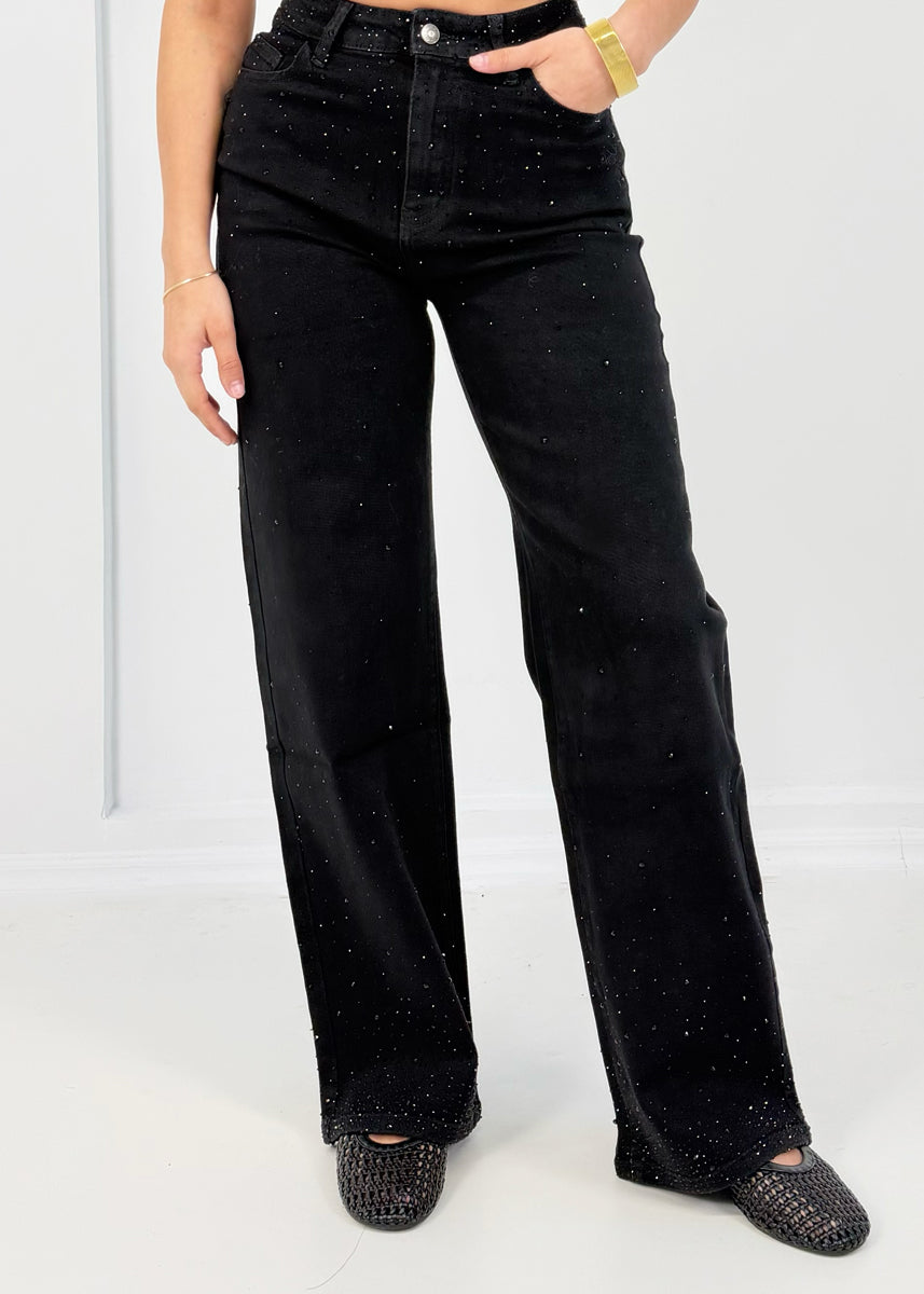 Wide Leg Jeans mit Strassbesatz