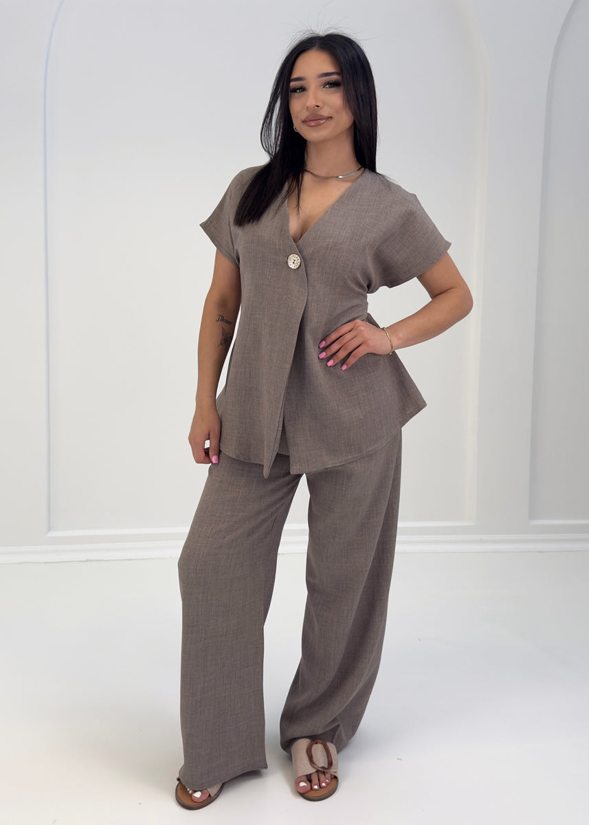 Damen Zweiteiler mit Bindebluse und weiter Hose – elegantes Outfit von NAHA für Alltag und Freizeit