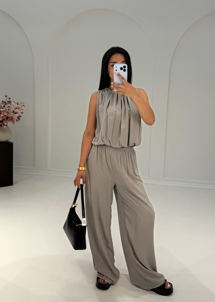 Ärmelloses Zweiteiler Set – Top & weite Hose Taupe
