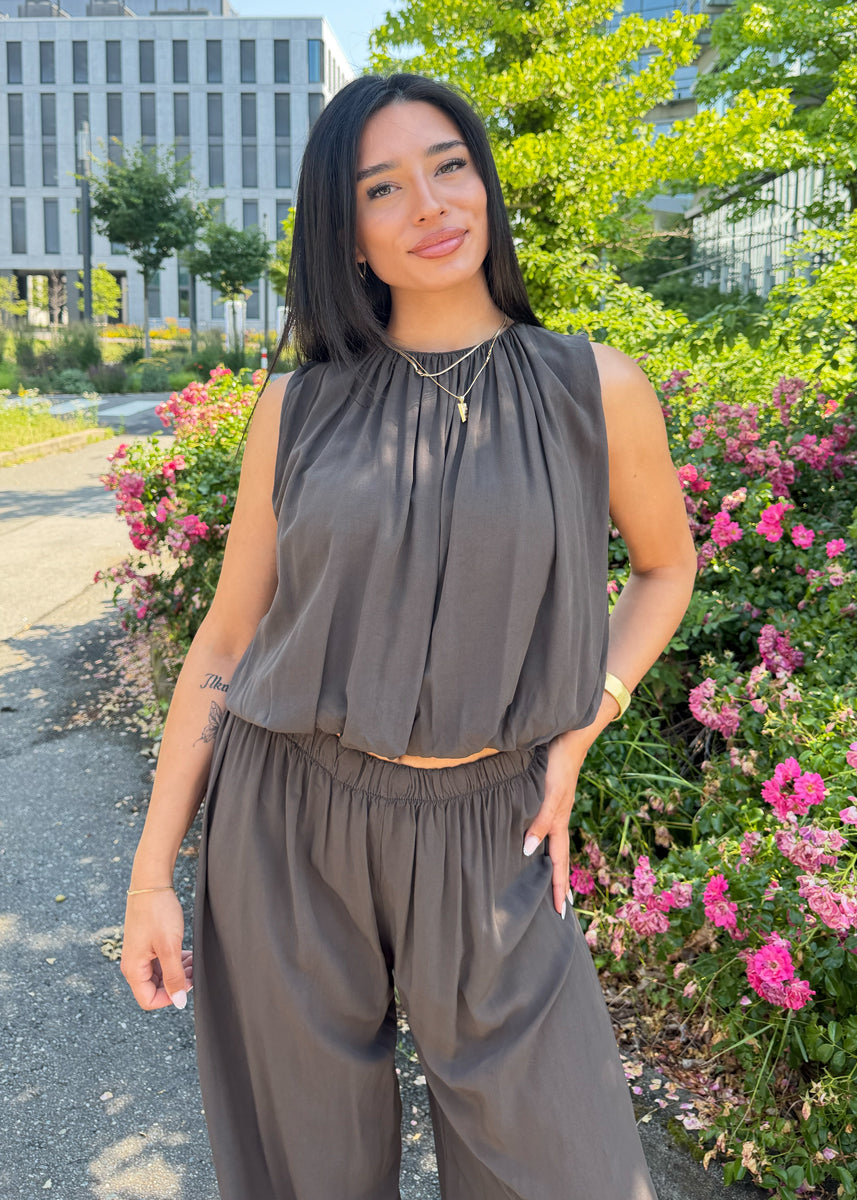 Ärmelloses Zweiteiler Set – Top & weite Hose Dunkelbraun