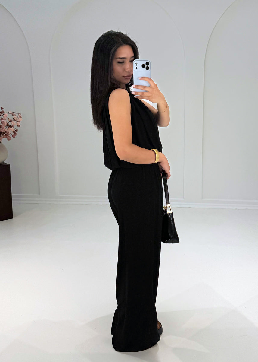 Ärmelloses Zweiteiler Set – Top & weite Hose Schwarz