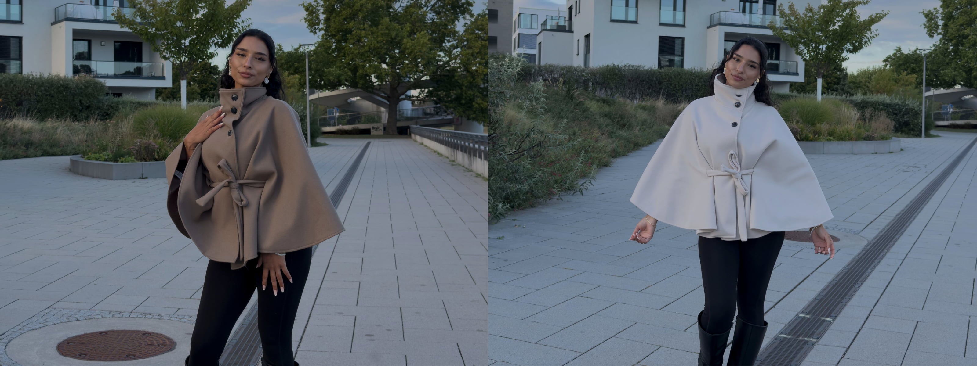 Modell trägt eleganten Damen Cape Mantel mit Bindegürtel – NAHA