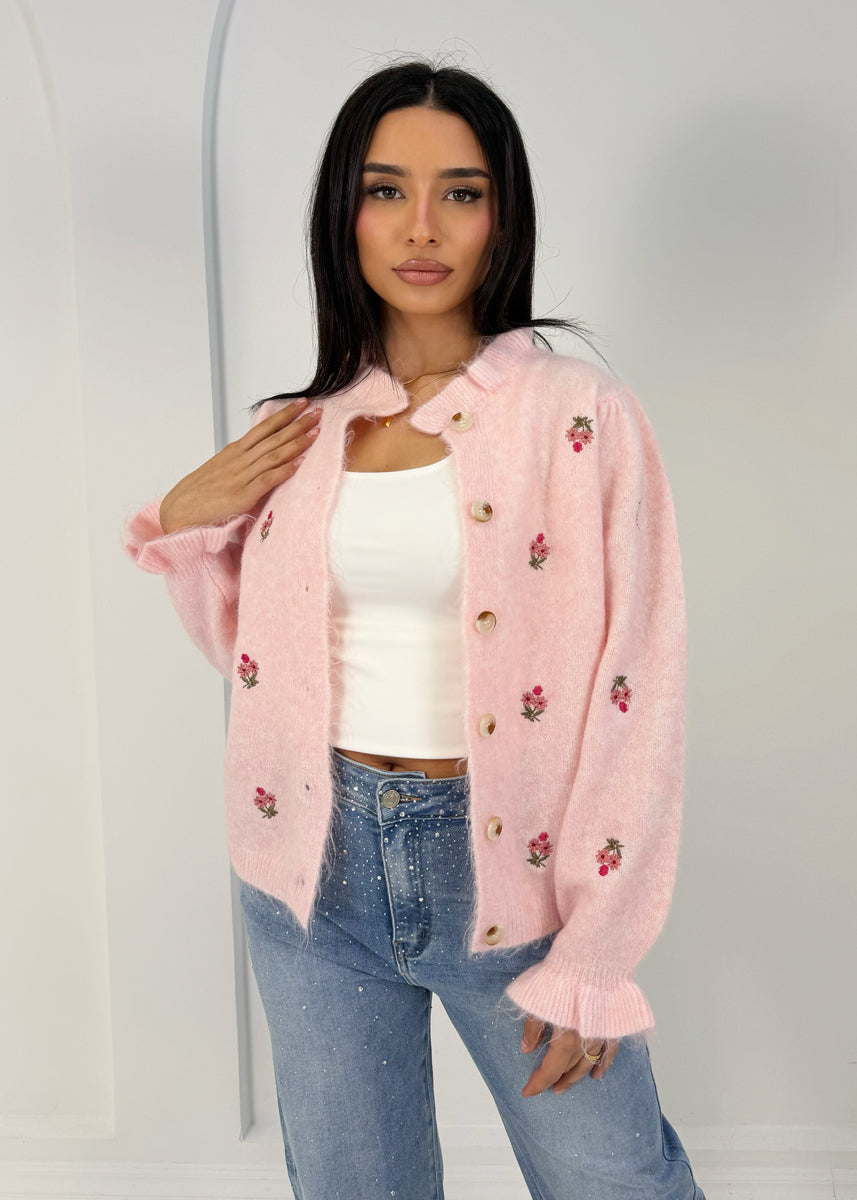 Strick-Cardigan mit Blumenstickerei