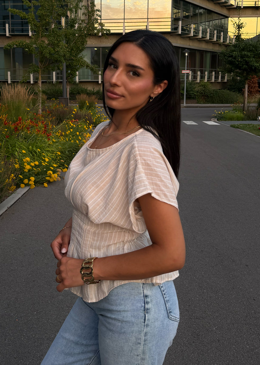 Gestreifte Bluse mit Taillierung Beige