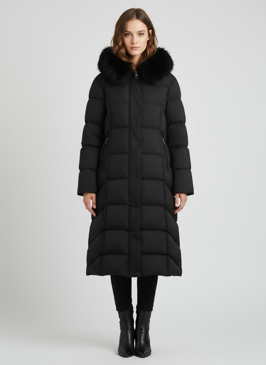 Langer Steppmantel mit Kunstfellkapuze