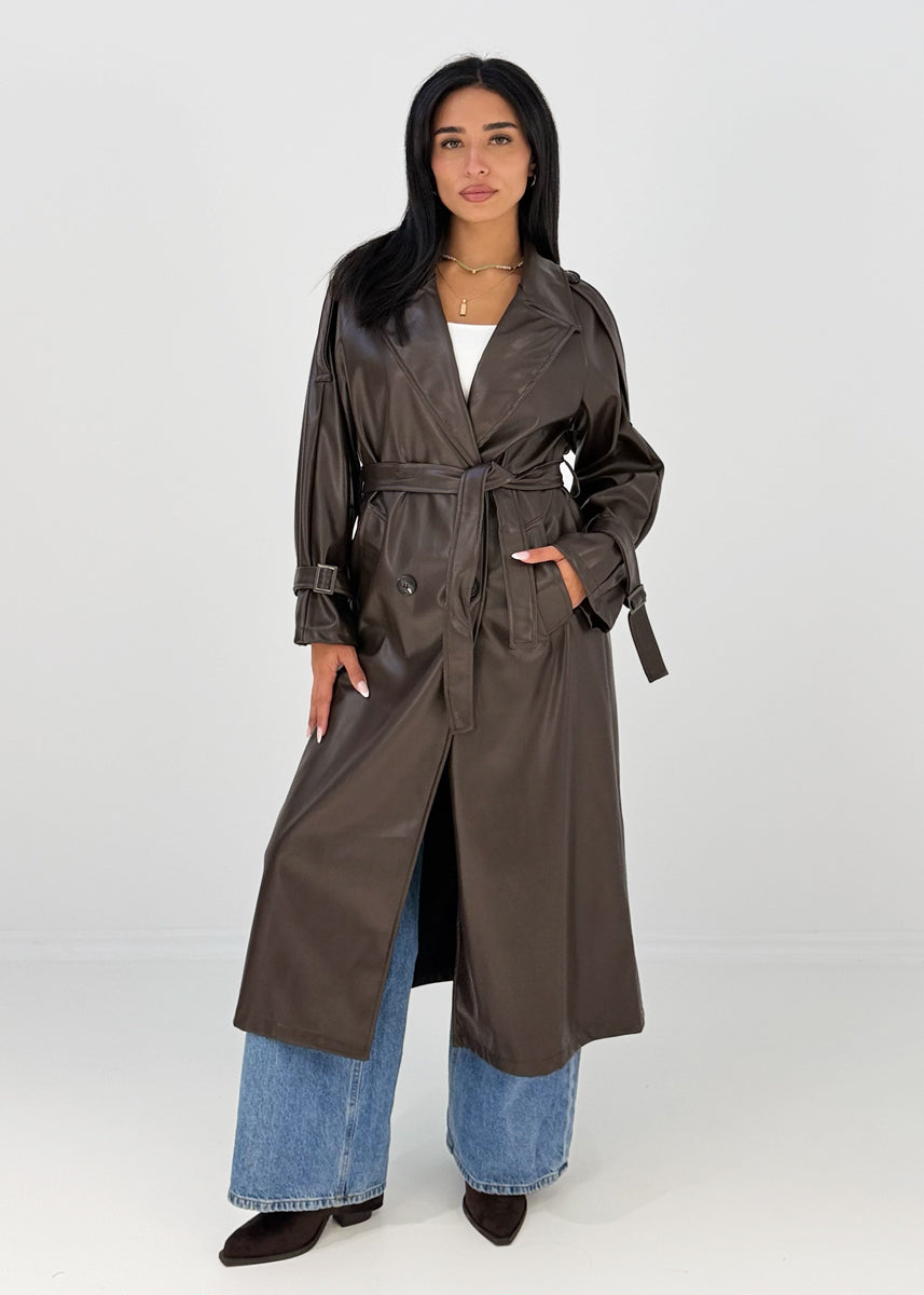Langer Trenchcoat in Lederoptik