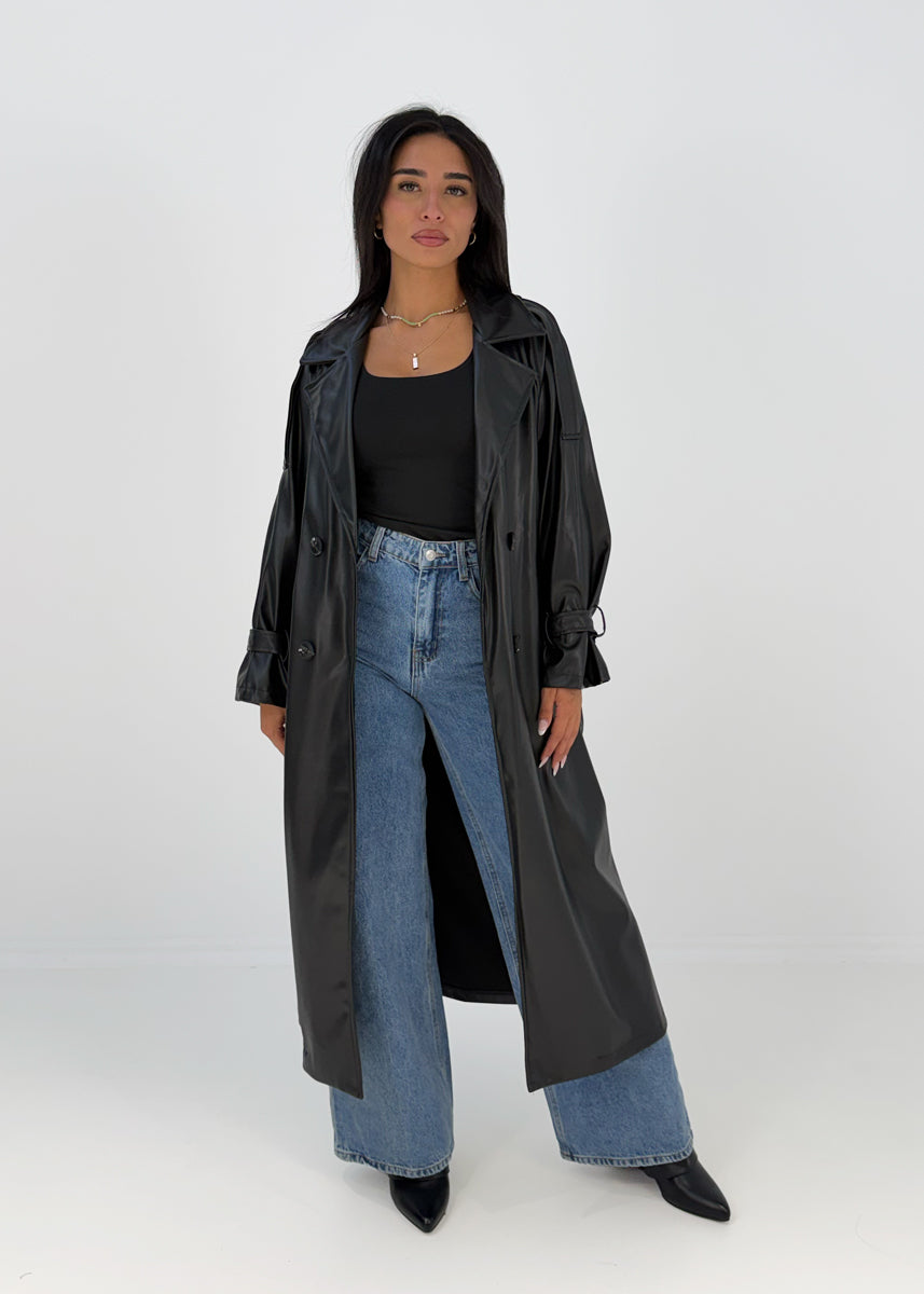 Langer Trenchcoat in Lederoptik