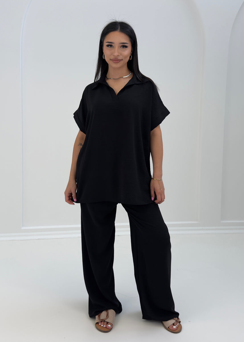 Damen Zweiteiler mit Hemdkragen und weiter Hose – stilvolles Sommeroutfit von NAHA für Alltag und Freizeit