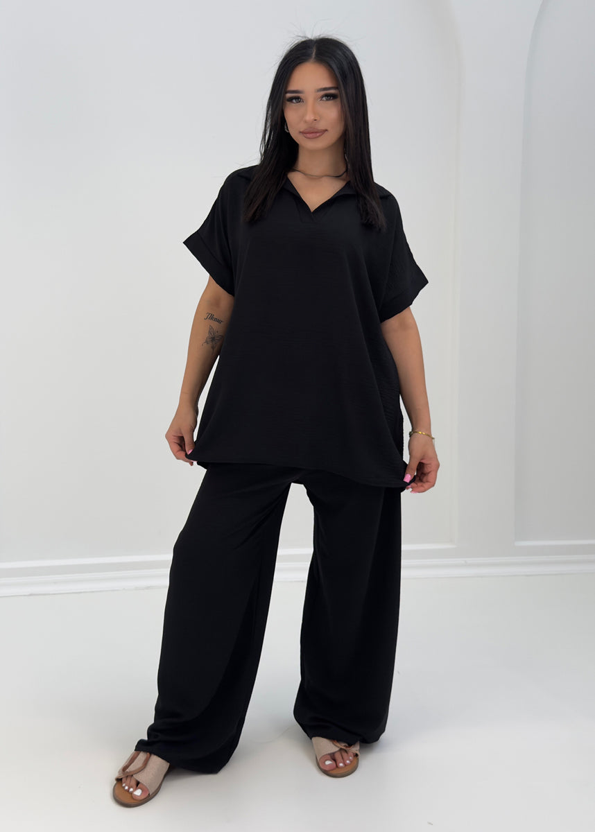 Damen Zweiteiler mit Hemdkragen und weiter Hose – stilvolles Sommeroutfit von NAHA für Alltag und Freizeit