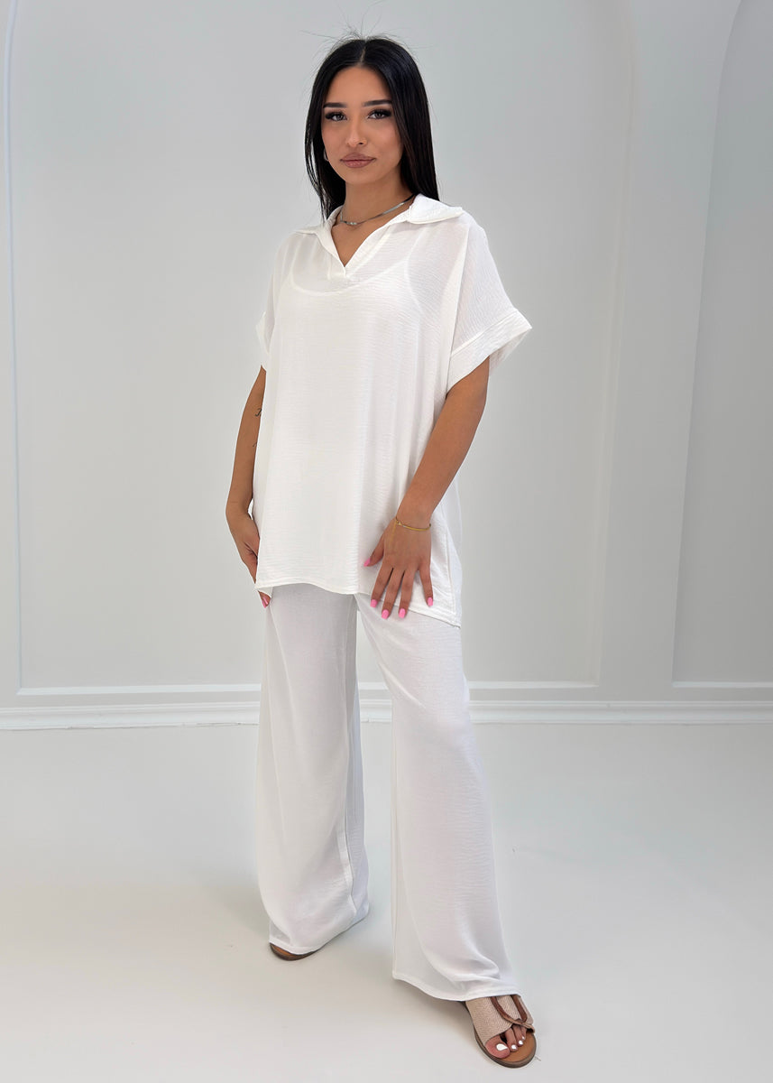 Damen Zweiteiler mit Hemdkragen und weiter Hose – stilvolles Sommeroutfit von NAHA für Alltag und Freizeit