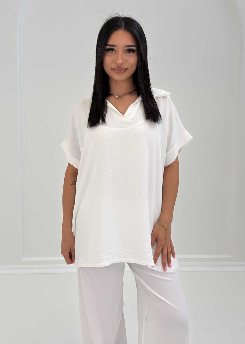 Damen Zweiteiler mit Hemdkragen und weiter Hose – stilvolles Sommeroutfit von NAHA für Alltag und Freizeit