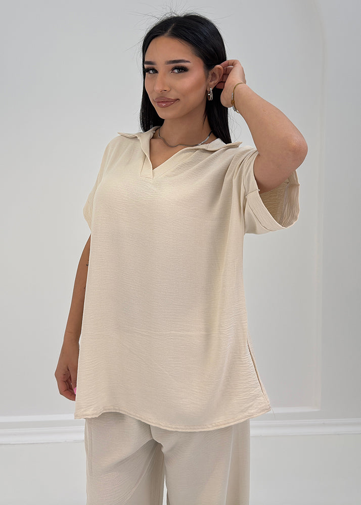 Damen Zweiteiler mit Hemdkragen und weiter Hose – stilvolles Sommeroutfit von NAHA für Alltag und Freizeit