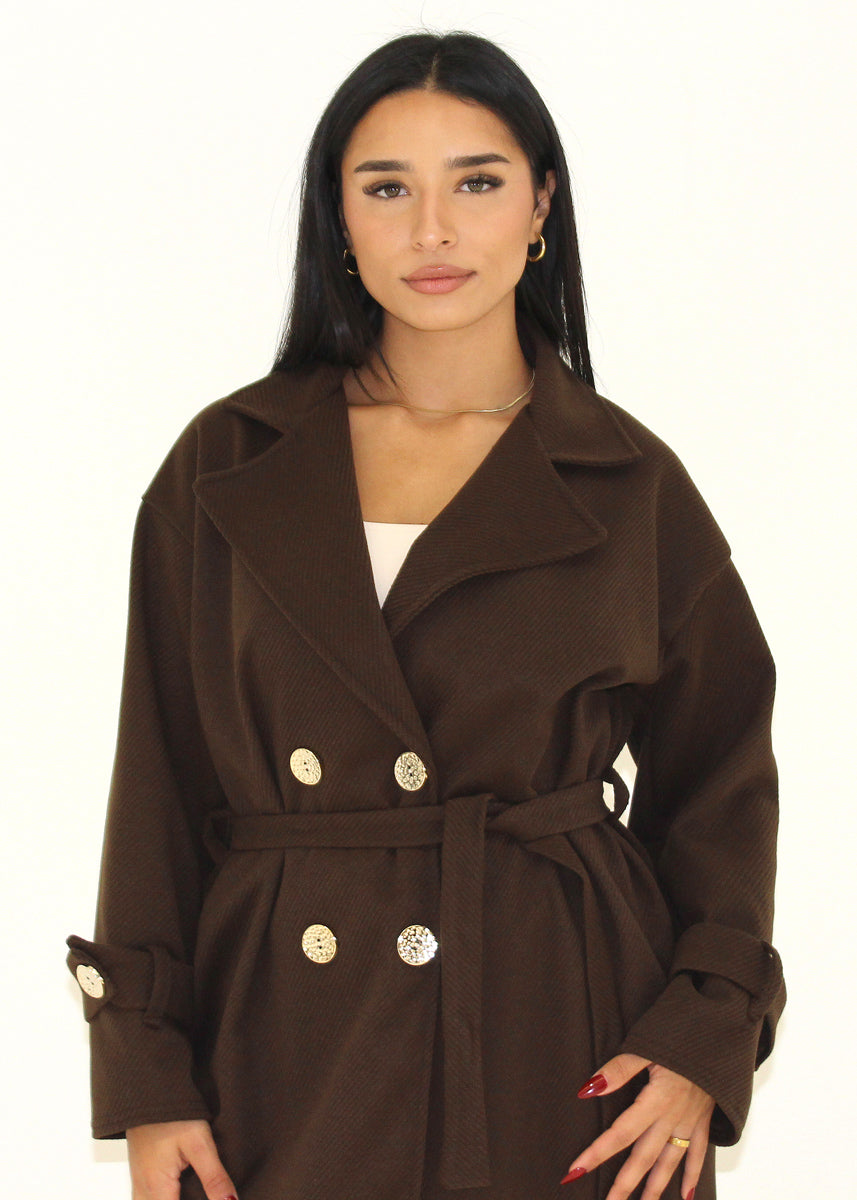 Mantel mit Bindegürtel & Goldknöpfen