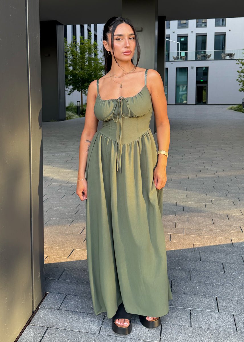 Maxikleid mit Schleife & Spaghettiträgern Khaki - NAHA