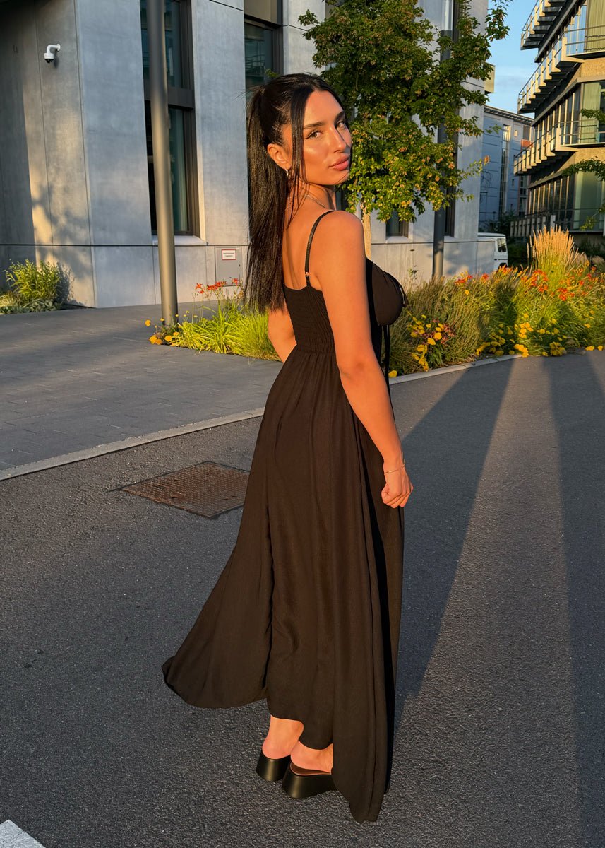 Maxikleid mit Schleife & Spaghettiträgern Schwarz - NAHA