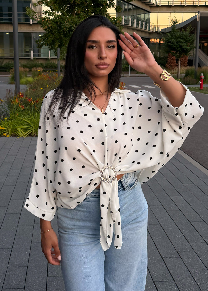 Oversize-Bluse mit Polka Dots & Schmuckring Weiß