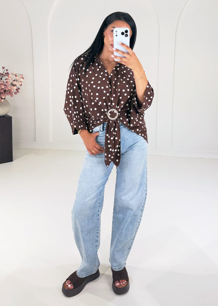 Oversize-Bluse mit Polka Dots & Schmuckring Braun - NAHA