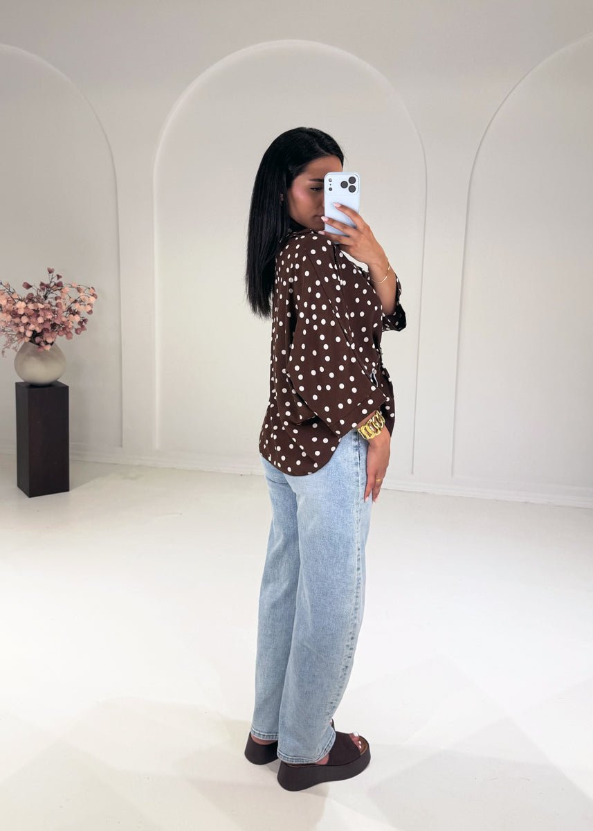 Oversize-Bluse mit Polka Dots & Schmuckring Braun - NAHA