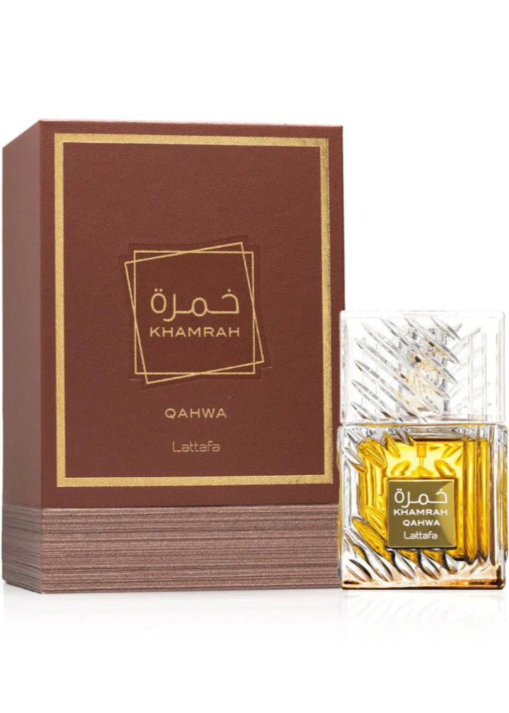 Flakon und Verpackung des Parfums Lattafa Khamrah Qahwa – intensiver Unisex-Duft mit orientalischer Note