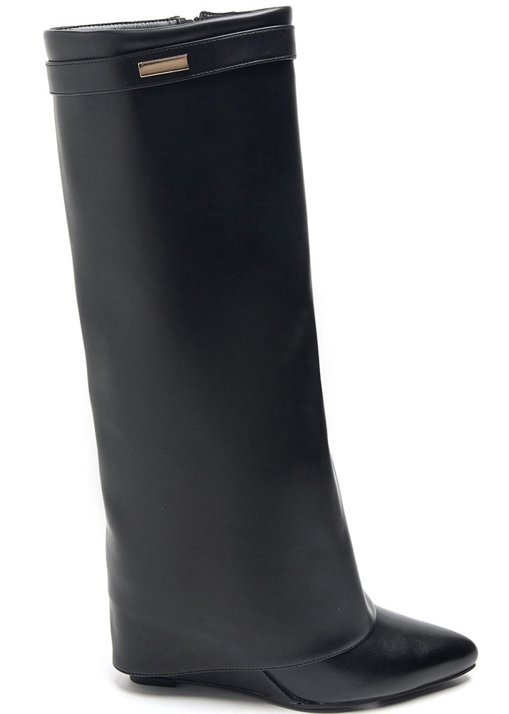 Kniehohe schwarze Stiefelette mit Keilabsatz und glattem Material