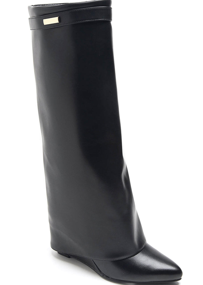 Kniehohe schwarze Stiefelette mit Keilabsatz und glattem Material