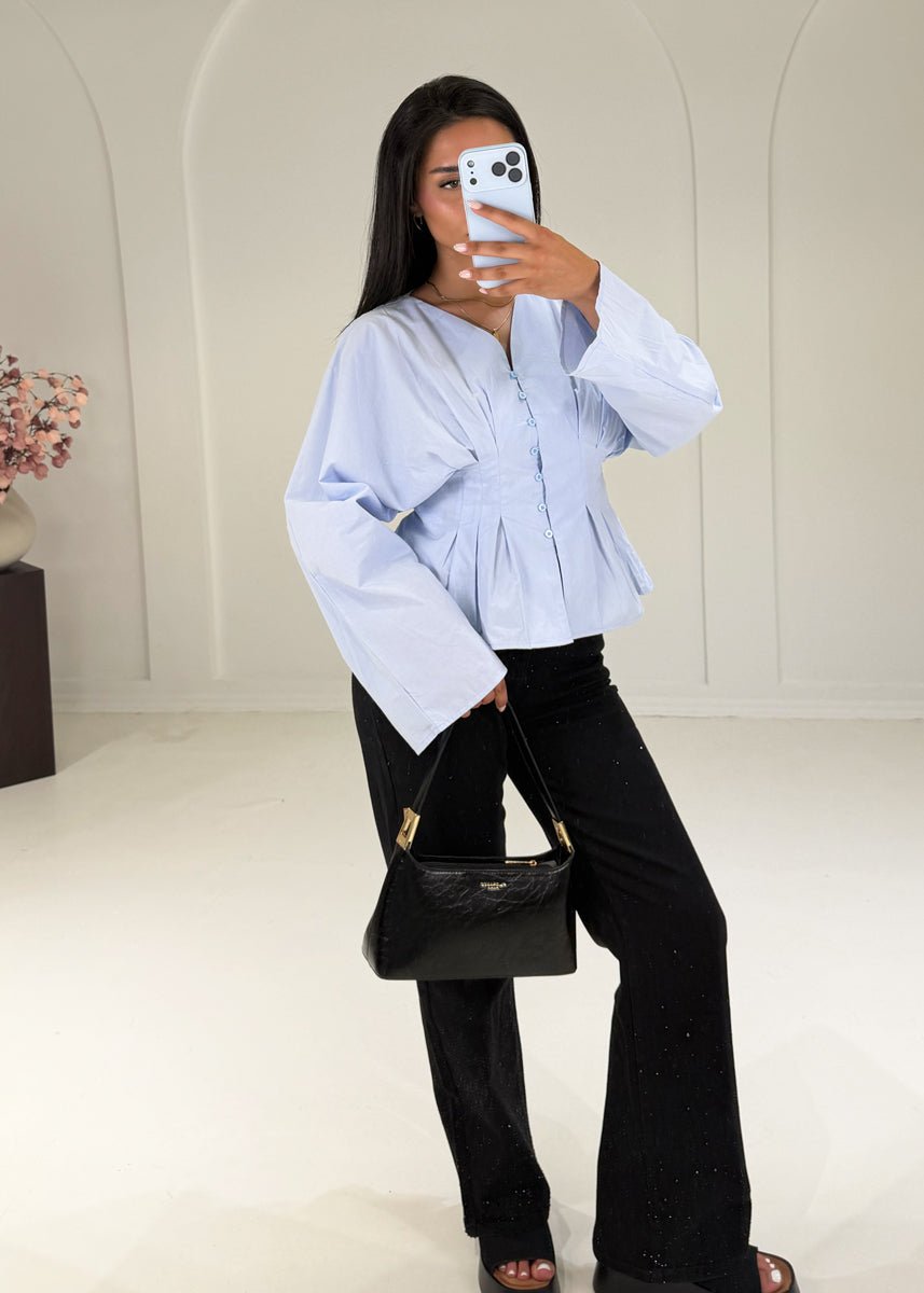 Taillenbluse mit Ballonärmeln Hellblau - NAHA