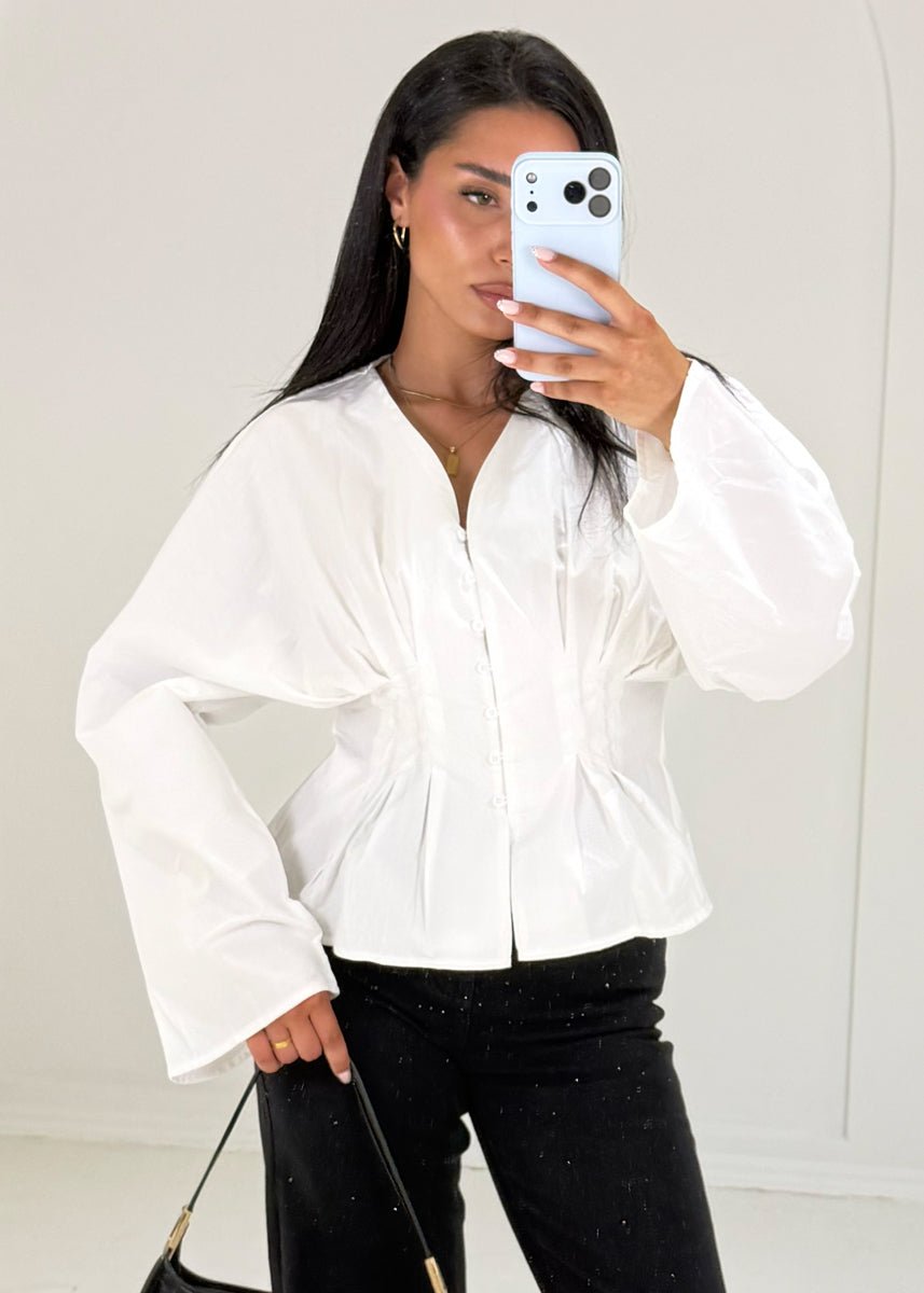 Taillenbluse mit Ballonärmeln Weiß - NAHA