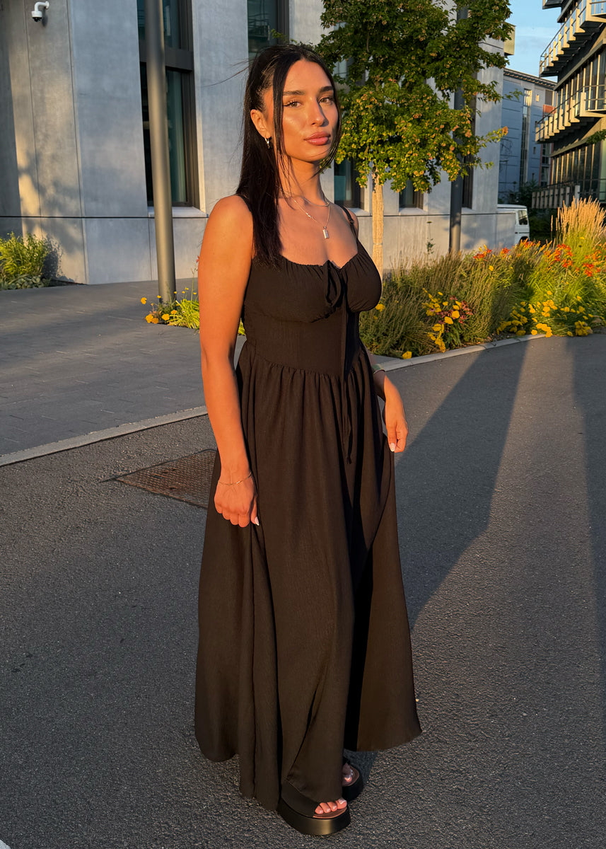 Maxikleid mit Schleife & Spaghettiträgern Schwarz