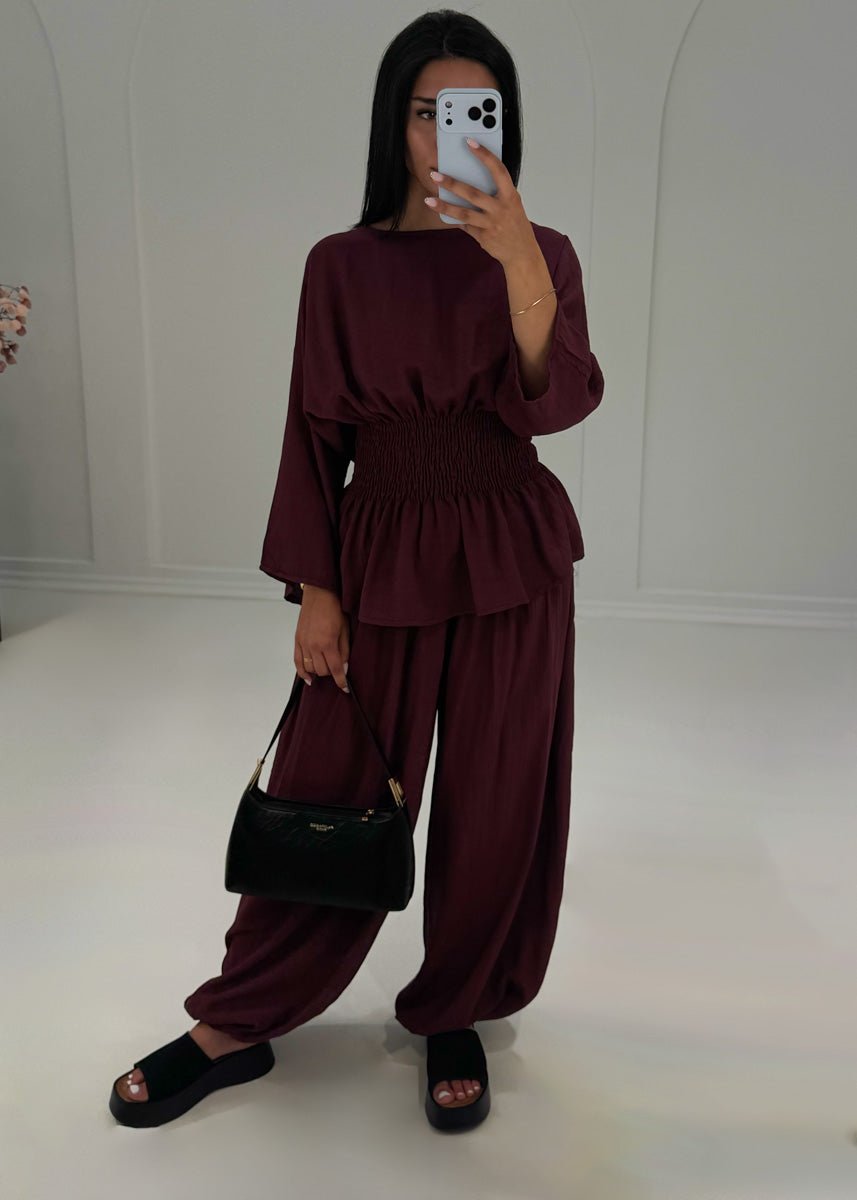 Zweiteiler Bordeaux Smok-Bluse & Haremshose - NAHA