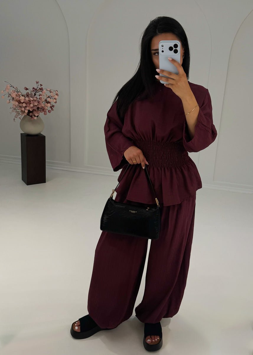 Zweiteiler Bordeaux Smok-Bluse & Haremshose - NAHA