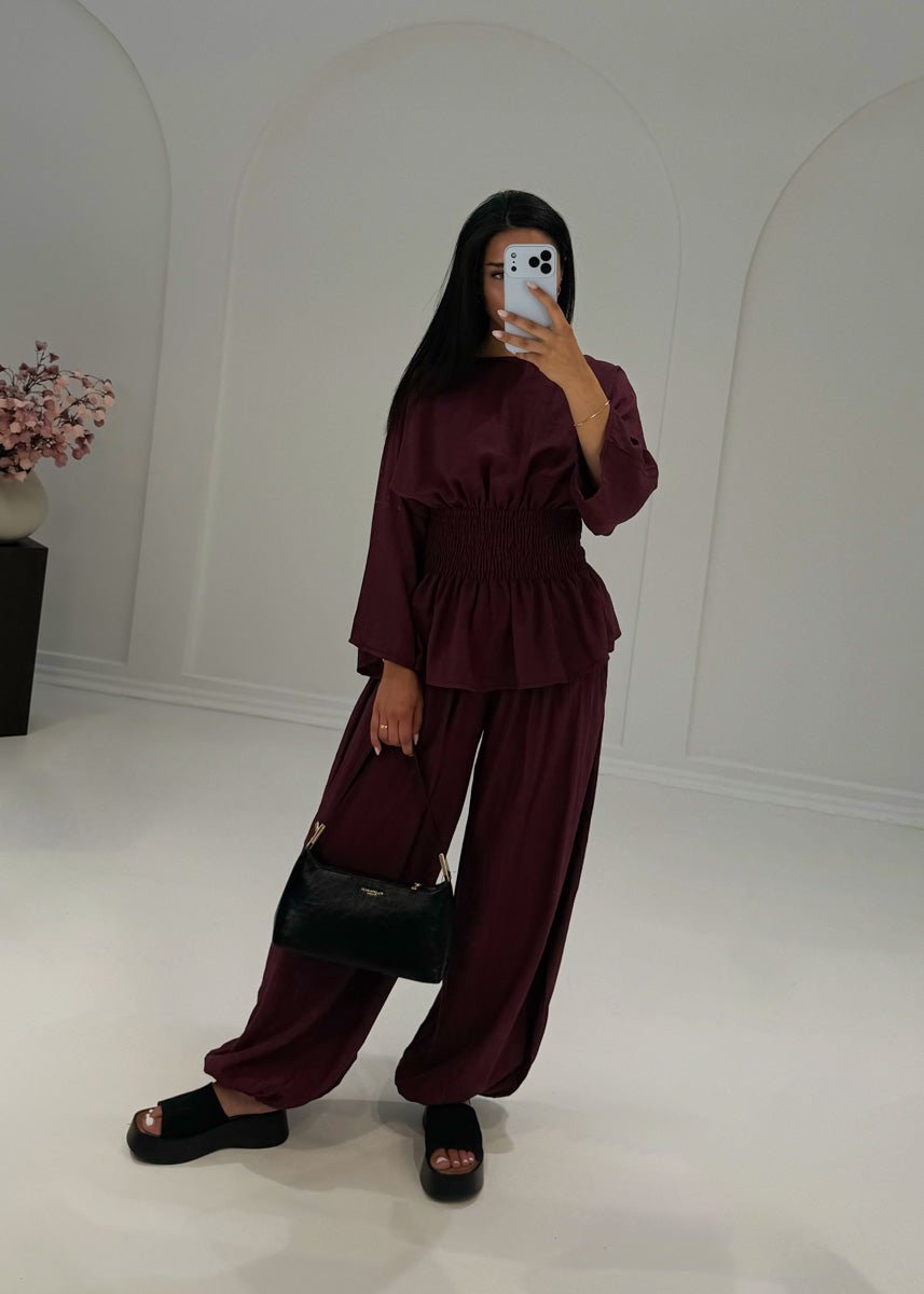 Zweiteiler Bordeaux Smok-Bluse & Haremshose - NAHA