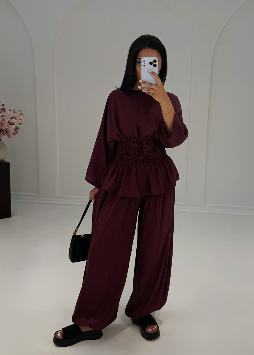 Zweiteiler Bordeaux Smok-Bluse & Haremshose - NAHA