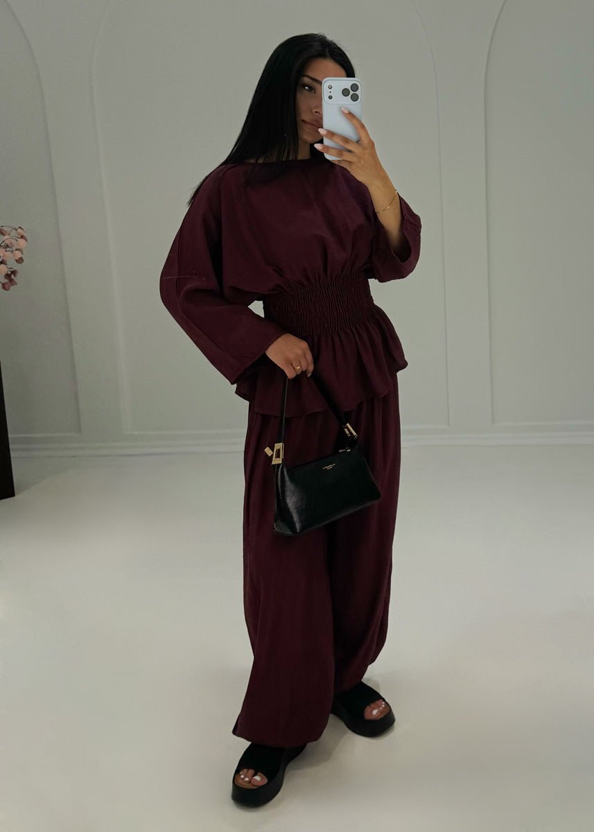 Zweiteiler Bordeaux Smok-Bluse & Haremshose - NAHA