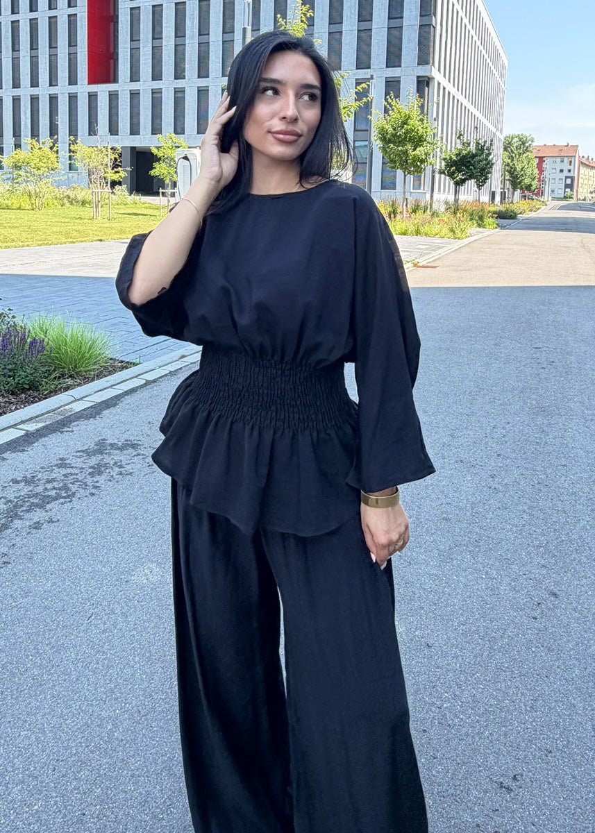 Zweiteiler Schwarz Smok-Bluse & Haremshose - NAHA