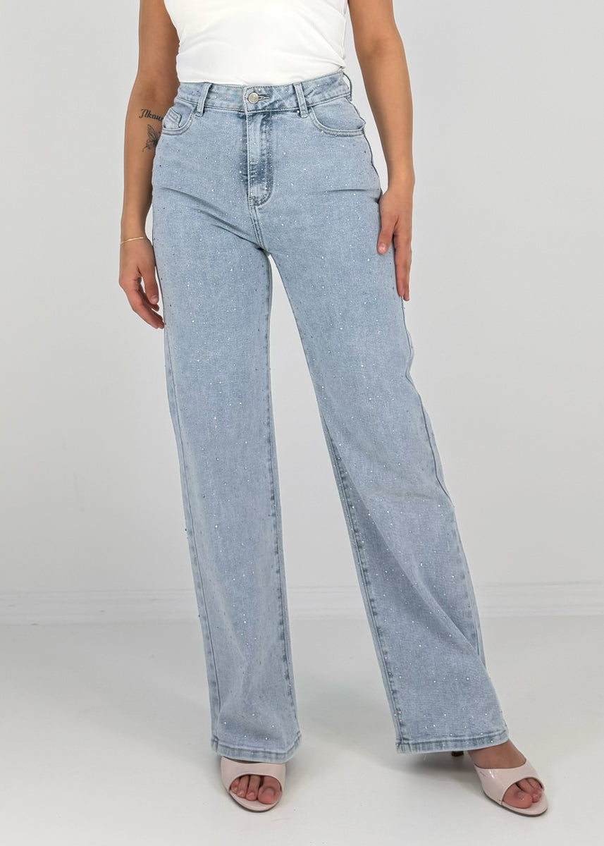 Jeans mit rosa Strassdetails und geradem Bein