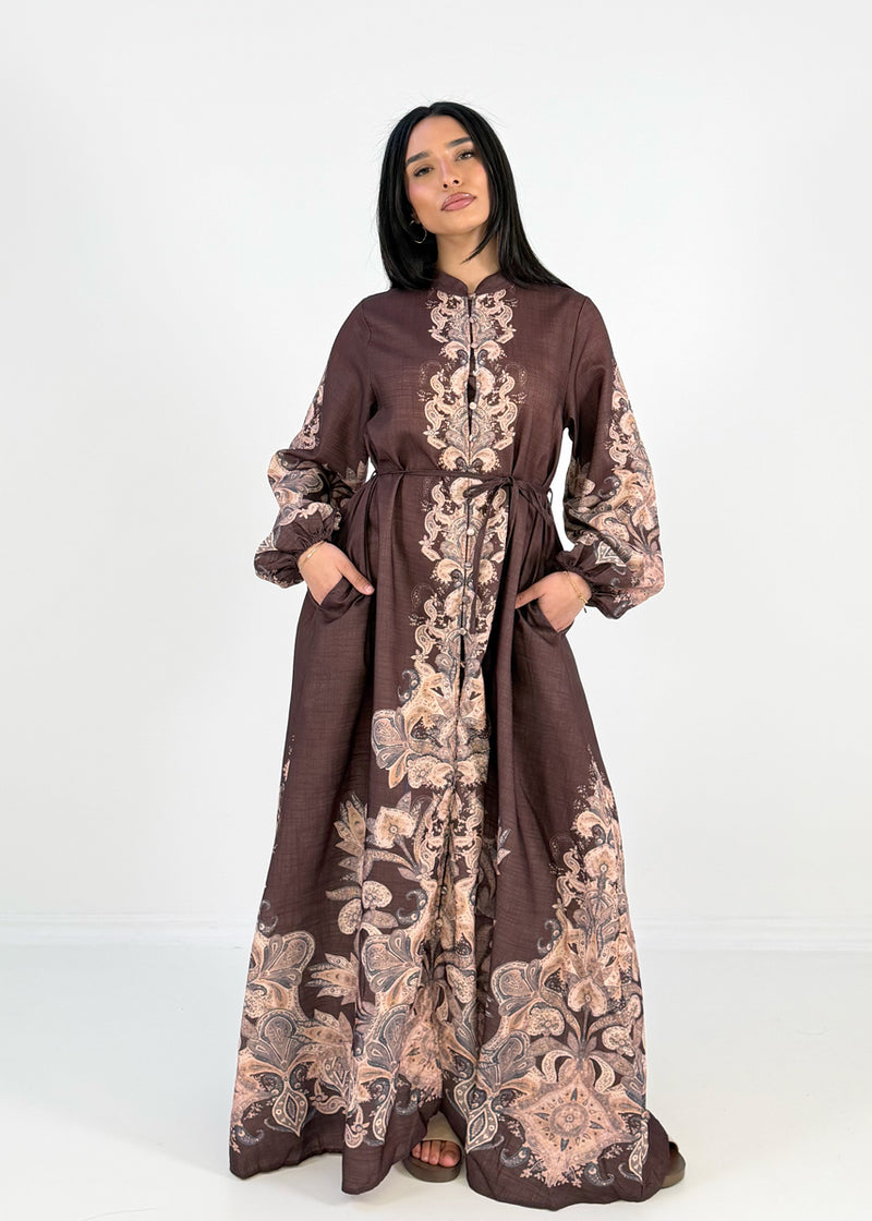 Maxikleid mit Ornamentprint und Bindegürtel