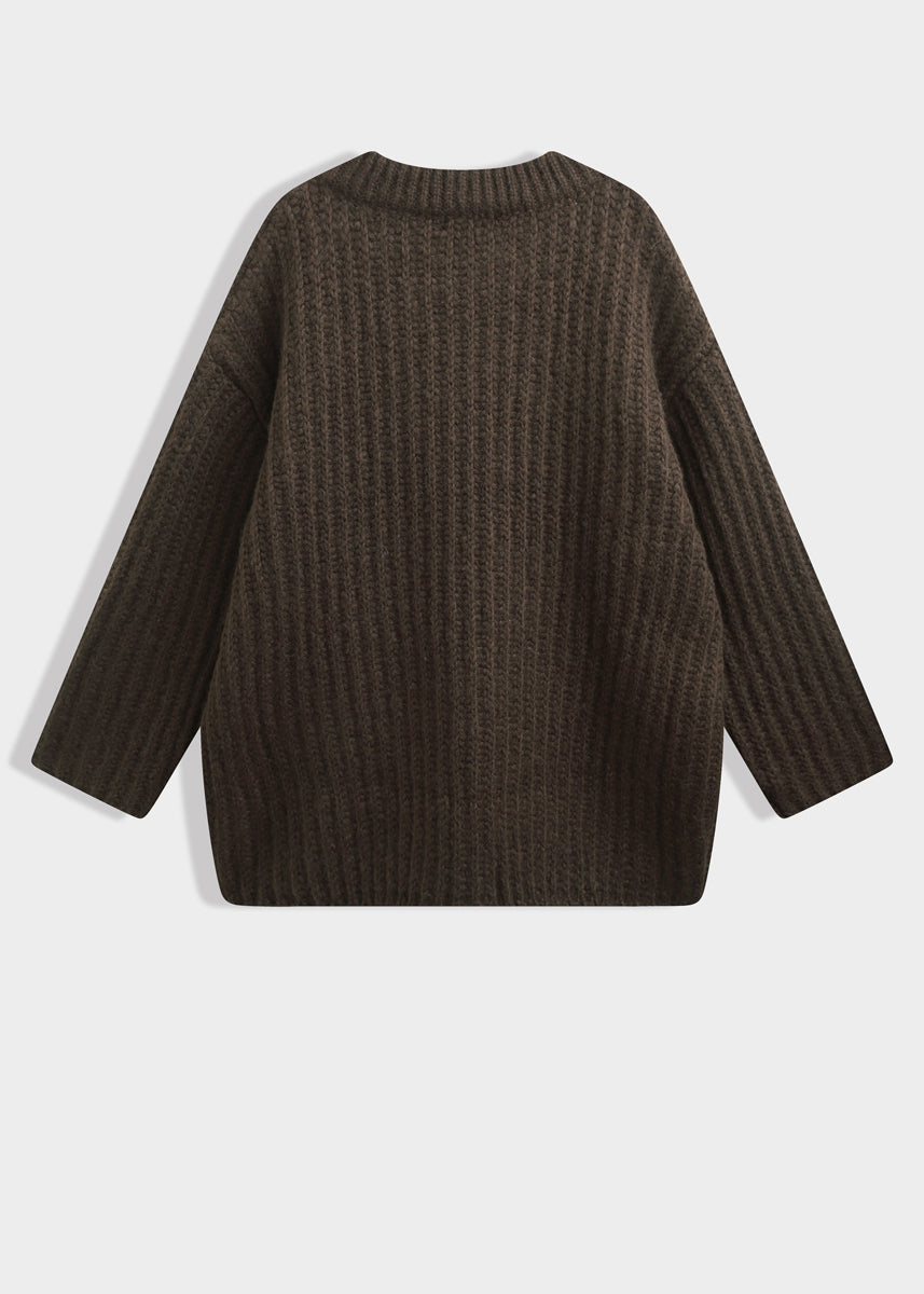 Oversize-Strickpullover mit Rundhalsausschnitt Dunkelbraun