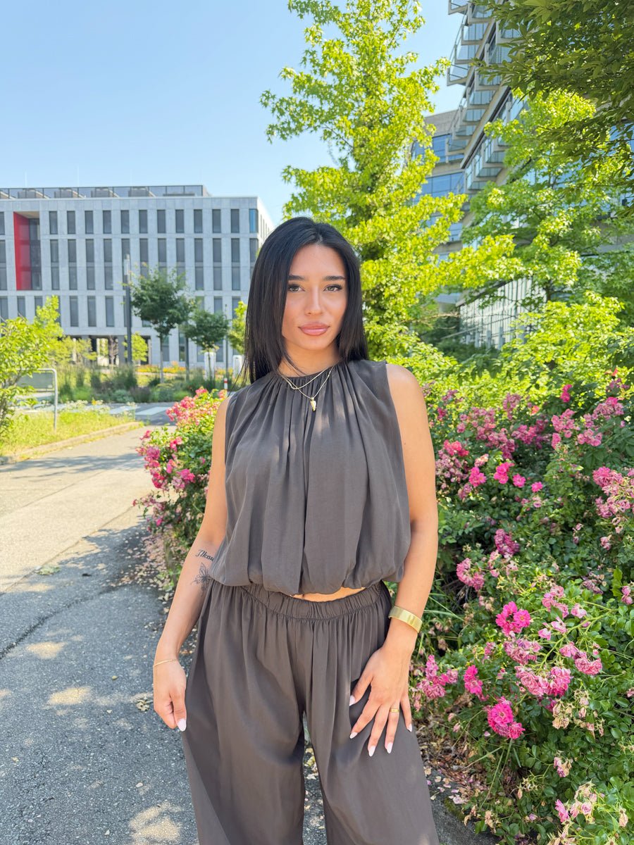 Ärmelloses Zweiteiler Set – Top & weite Hose Dunkelbraun - NAHA