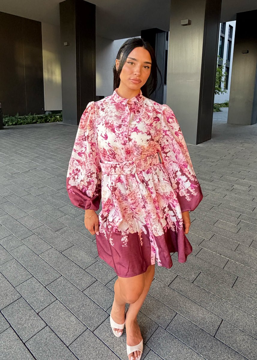 Blusenkleid mit Floralprint & Gürtel Lila - NAHA