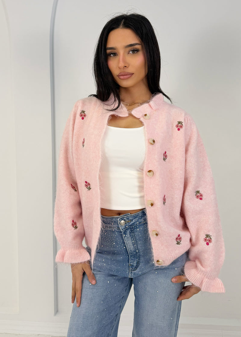 Strick-Cardigan mit Blumenstickerei